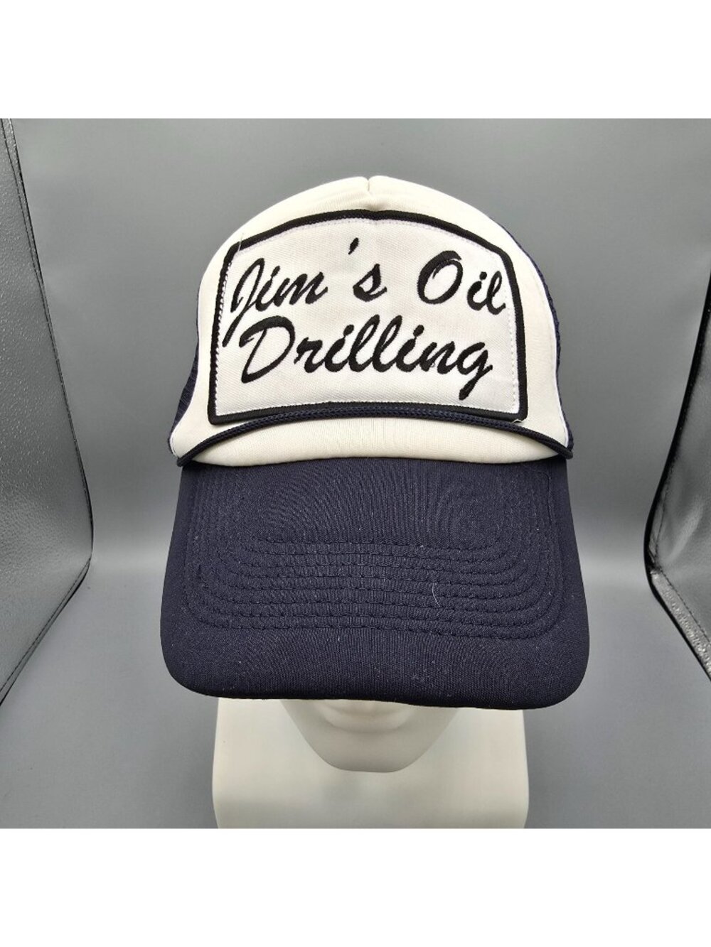 Spirit Halloween Jim's Oil Drilling Navy & White Mesh Back Patch Trucker Hat